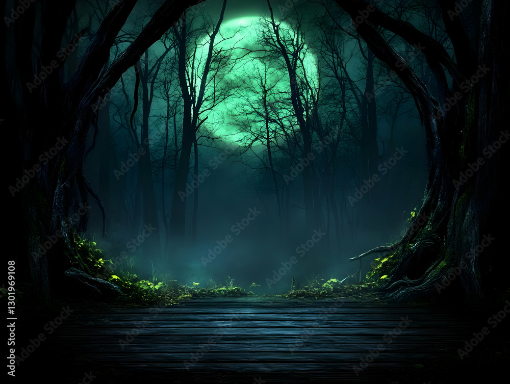 Naklejka premium Illustration - Dark Forest Moon Night Background with Wooden Path