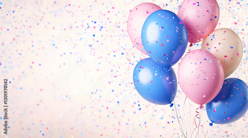 Cluster of blue and pink balloons with confetti Cluster of blue and pink balloons with confetti