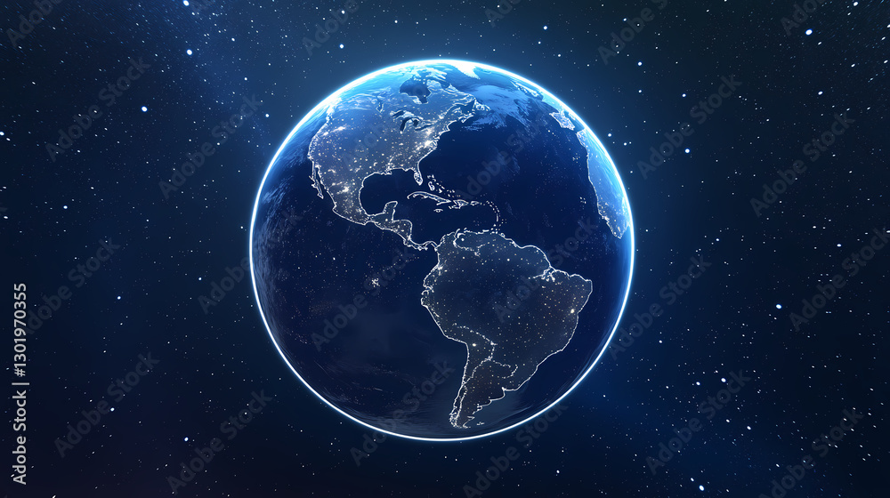 Fototapeta premium Glowing Earth at night surrounded by stars and nebulae