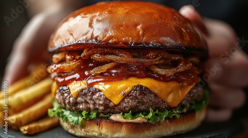 Juicy Gourmet Burger with Cheddar Cheese and Crispy Onions photo