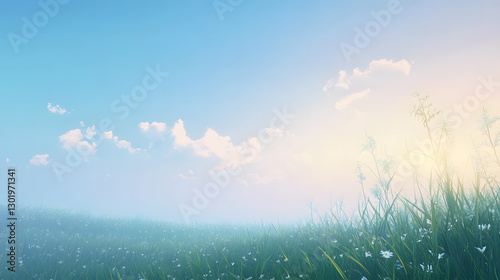 A calming light blue sky with soft clouds and gentle grass beneath.