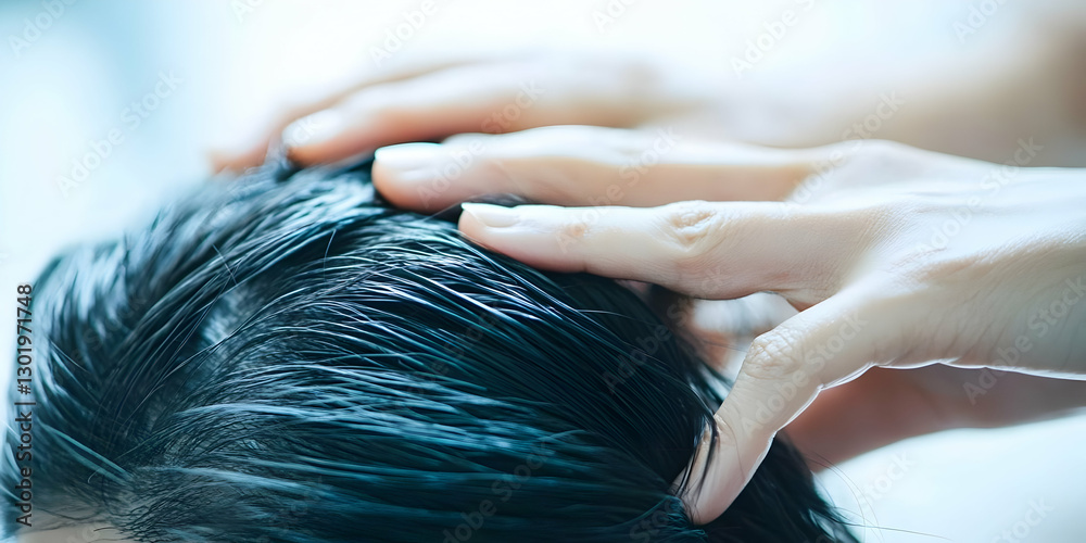 Fototapeta premium Photo Wet Hair Care, Treatment, Health, Beauty, Wellness, Hands, Fingers, Touch, Soft, Gentle