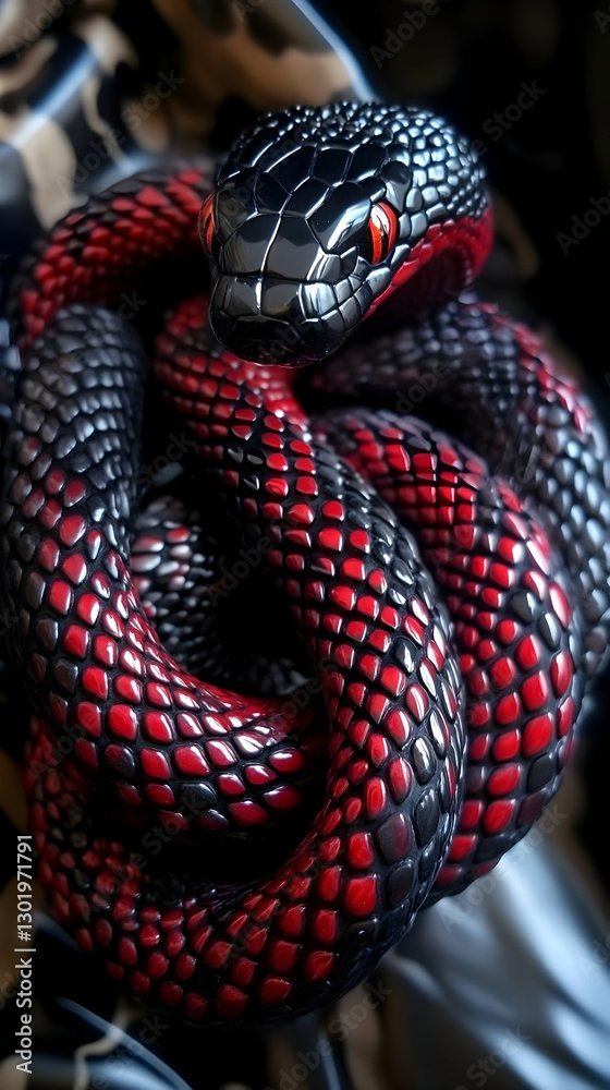 Fototapeta premium 3D Illustration Red and Black Snake Scales Reptile Coiled
