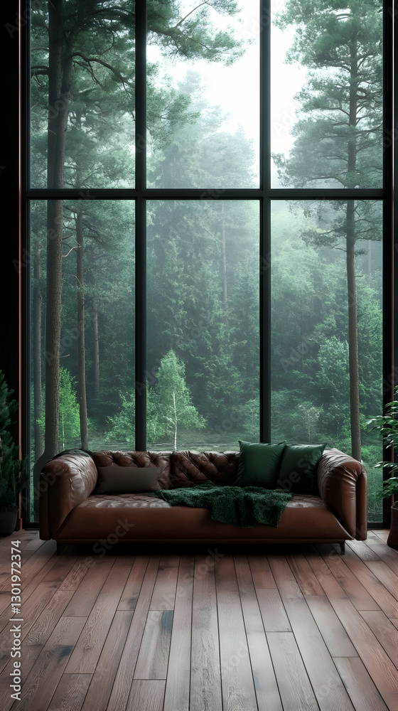 Fototapeta premium 3D Illustration Forest View Room Interior Design, Cozy Sofa, Wood Floor