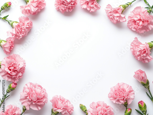 ピンクのカーネーションのフレーム 白背景 母の日イメージ