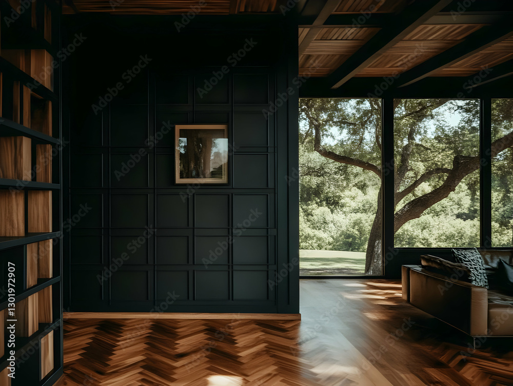 Fototapeta premium 3D Illustration Modern Interior Design Living Room Dark Wood Floor Panels