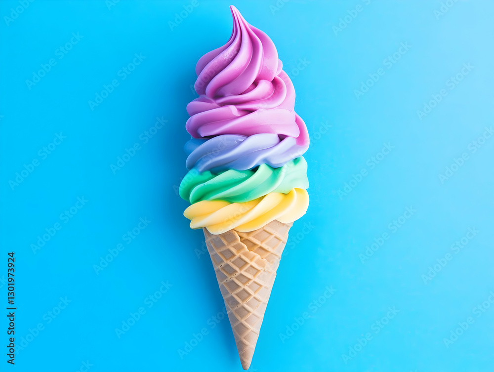 Photo - Rainbow Soft Serve Ice Cream Cone on Blue Photo - Rainbow Soft Serve Ice Cream Cone on Blue