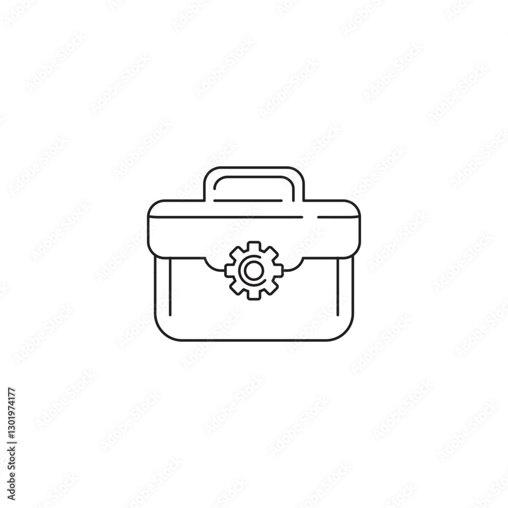 Minimalist outline icon of a toolbox with a gear symbol, representing repair, maintenance, and engineering. Perfect for business, mechanical, and industrial design concepts. Minimalist outline icon of a toolbox with a gear symbol, representing repair, maintenance, and engineering. Perfect for business, mechanical, and industrial design concepts.