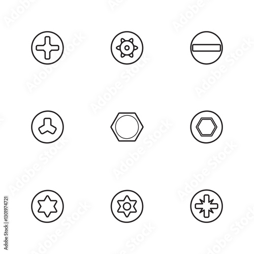 Collection of screw head icons in black outline style, featuring various types like Phillips, Torx, hex, and slotted. Ideal for tool guides, hardware manuals, and engineering illustrations.