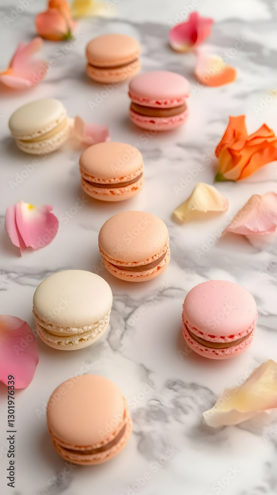 Obraz premium Photo: Colorful Macarons and Flower Petals on Marble