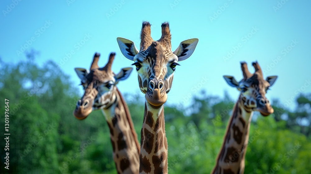 Naklejka premium Three Giraffes in Lush Green Savannah Habitat