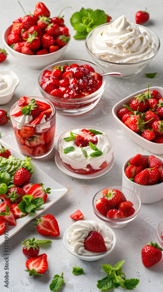 Delicious and Appealing Array of Variety Strawberry-Based Recipes Displayed on Light Background. Delicious and Appealing Array of Variety Strawberry-Based Recipes Displayed on Light Background.