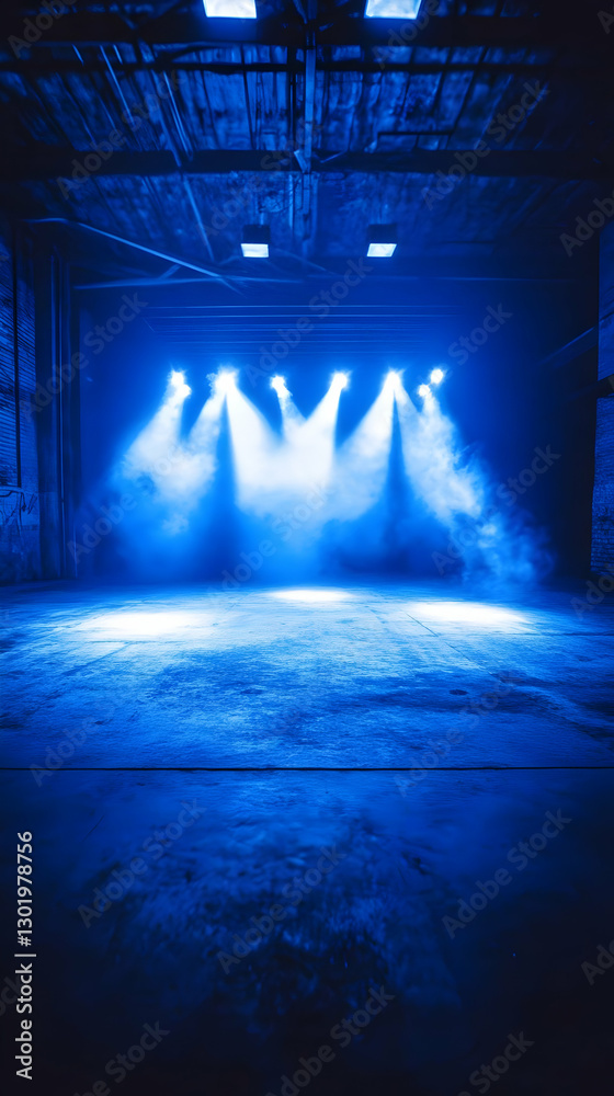 Obraz premium Photo Background - Empty Stage, Blue Lights, Smoke, Atmospheric, Dark, Warehouse, Grunge, Industrial