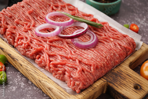 Fresh raw ground beef with ...