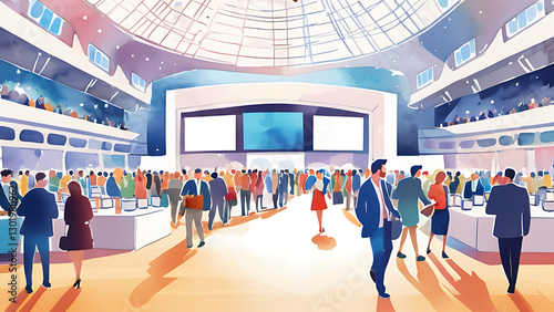 Crowd attending business convention watercolor illustration for marketing event purposes