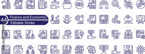  Finance and Economics line icon set. Set of 44 outline icons related to crisis, economic, price increase, hyperinflation, inflation rate, investment, scarcity and others. Editable stroke.