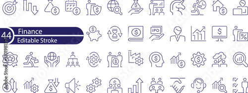 Line icons about finance. Financial concept. Contains such icons as stock market, investment and commodities. Editable vector stroke.