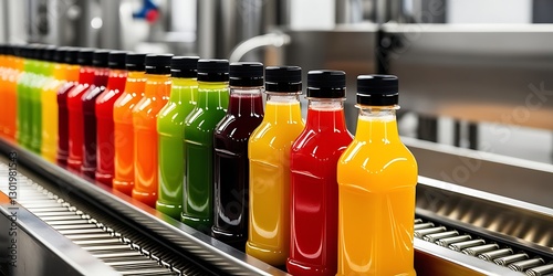 Row of colorful bottled fruit juices on an industrial conveyor belt in a beverage production facility, representing juice manufacturing, bottling process, and food industry automation

