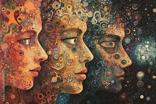 Three abstract profiles painted with vibrant colors representing cosmic themes and human connection