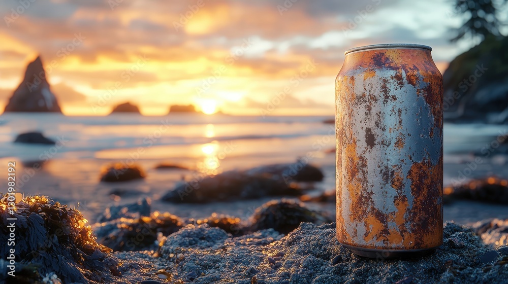 Rusted metal can nestled among jagged rocks on a windswept beach, its surface etched with vivid orange patches of oxidation, hinting at tales of sea voyages and the relentless passage of time Rusted metal can nestled among jagged rocks on a windswept beach, its surface etched with vivid orange patches of oxidation, hinting at tales of sea voyages and the relentless passage of time