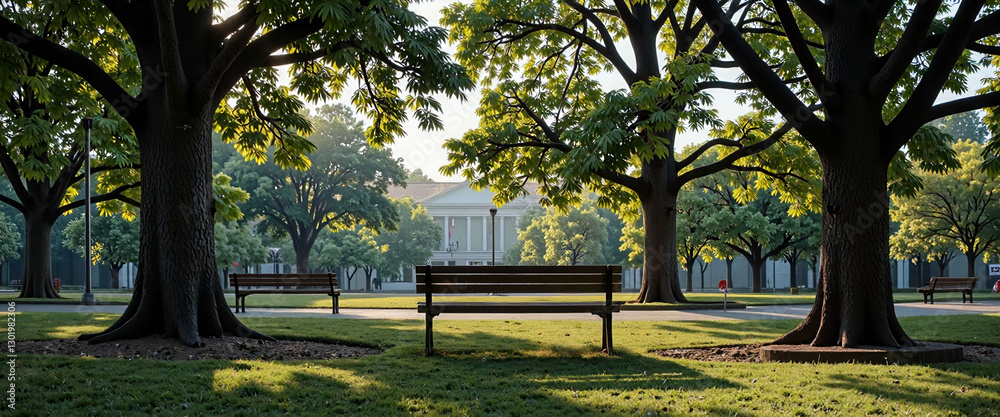 A park with a bench and trees in the background. The bench is empty. The trees are green and the sky is blue A park with a bench and trees in the background. The bench is empty. The trees are green and the sky is blue