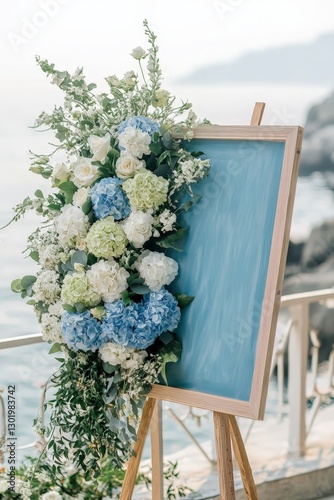 Delicate blue and white floral arrangement perched on a rustic wooden easel, featuring soft-hued hydrangeas and pristine white roses with lush green leaves, captured in intimate detail photo