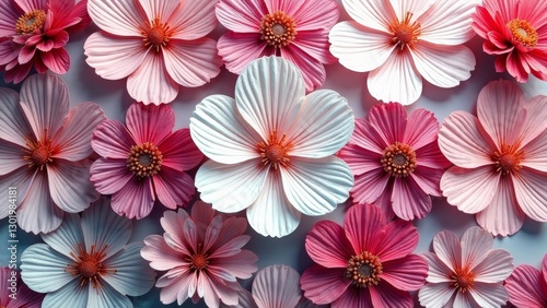 Close-up view of a vibrant collection of delicate paper flowers in varying shades of pink and white, arranged in a captivating floral pattern.