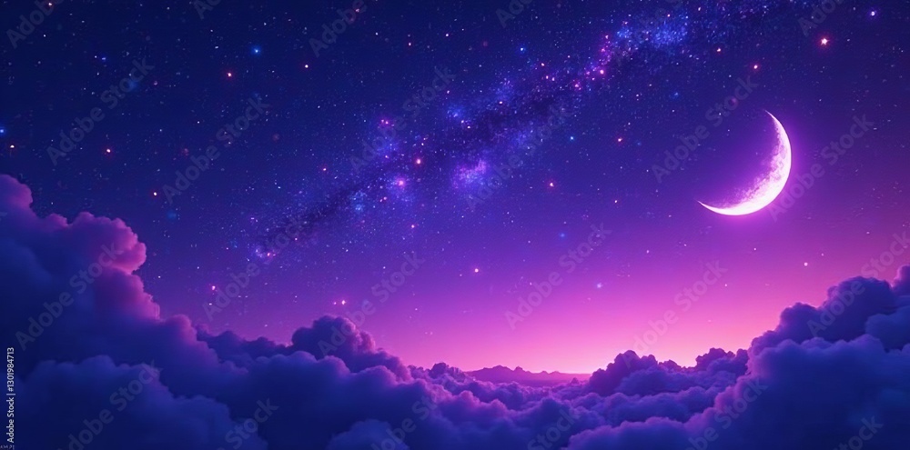 Fototapeta premium Vibrant purple and blue starry night sky backdrop with shining stars and crescent moon, illustration, sky