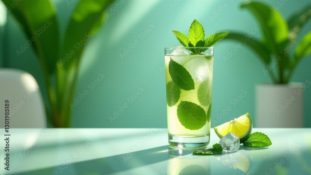 Fototapeta premium Refreshing Mint and Citrus Beverage in a Glass with Ice Cubes on a Table