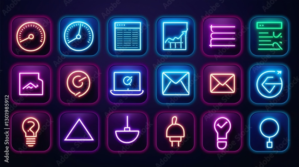 Set of glowing neon icons in blue and pink colors on a dark background, representing business, technology, digital marketing, data analysis, and web applications in a modern style
Set of glowing neon icons in blue and pink colors on a dark background, representing business, technology, digital marketing, data analysis, and web applications in a modern style