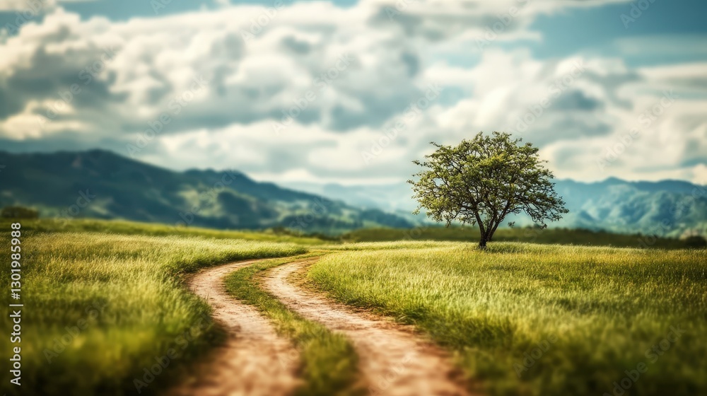Fototapeta premium A winding dirt path bisects a lush, verdant meadow; soft grass carpets one side while earth hues embrace the other, inviting exploration