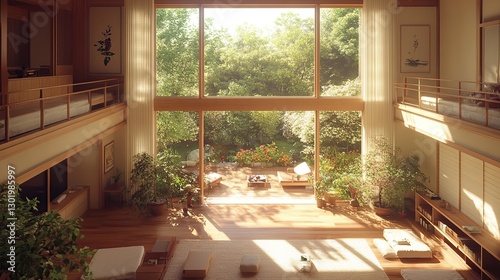 Sunny Japanese home interior with garden view.  Use  Relaxation, zen photo