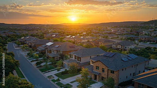 Sunset over suburban homes with solar panels