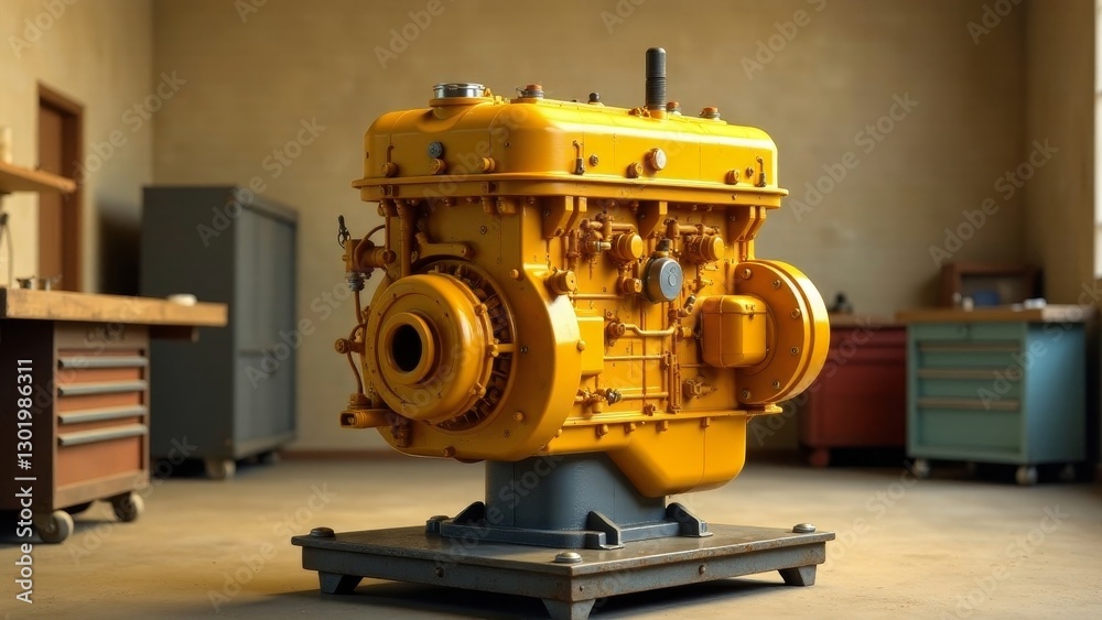 A vibrant yellow industrial engine, meticulously displayed on a sturdy metal base, rests within a workshop setting, showcasing its intricate details and powerful design. A vibrant yellow industrial engine, meticulously displayed on a sturdy metal base, rests within a workshop setting, showcasing its intricate details and powerful design.