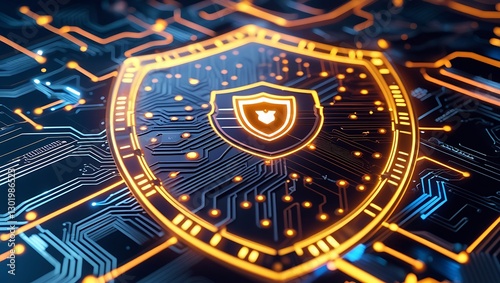 Cyber Security Shield Glows on Circuit Board