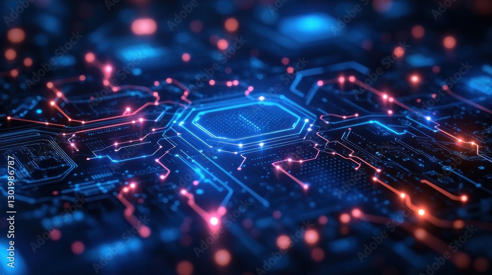 Circuit board with glowing processor, data flow, tech background Circuit board with glowing processor, data flow, tech background