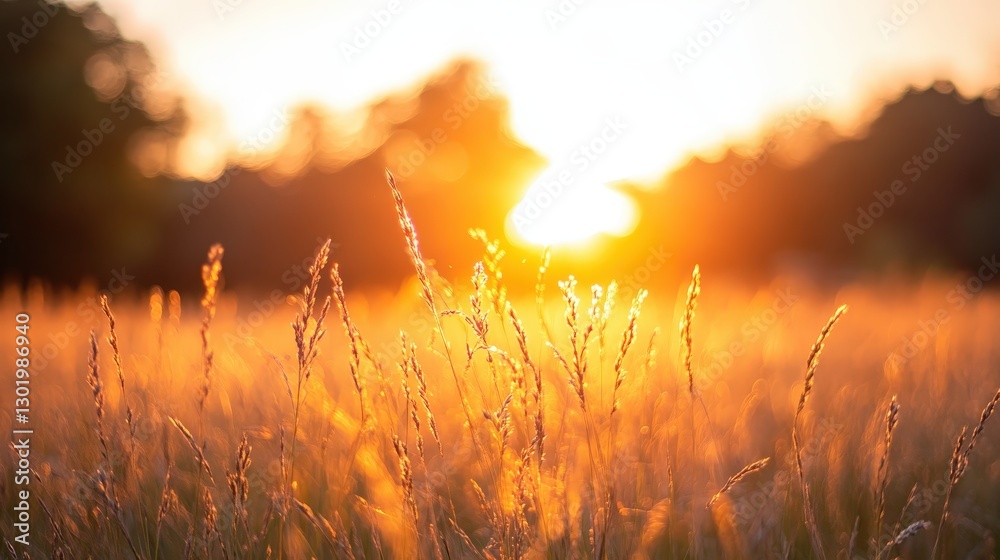 Obraz premium Golden fields sway under a warm sunset glow, with sunlight streaming through from above, casting a radiant warmth over the tall grass in a serene landscape