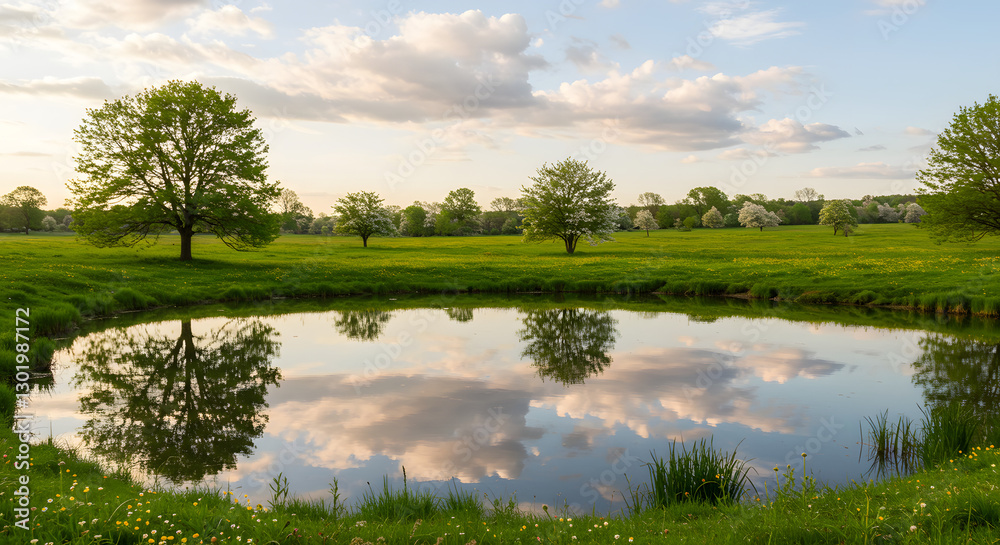 Fototapeta premium Serene spring landscape with pond reflection of trees and sky day calm on transparent background
