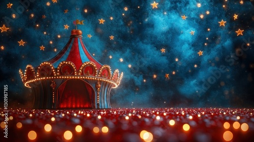 Circus tent at night, starry sky, glowing lights, background scene, for entertainment and media use