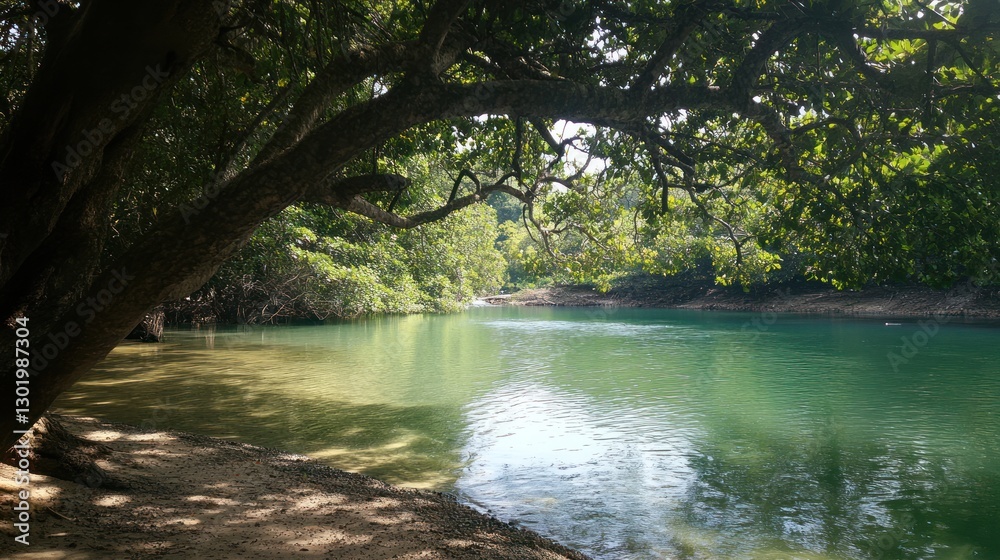 Obraz premium Serene Lagoon Escape: Tranquil Waters Under Lush Canopy