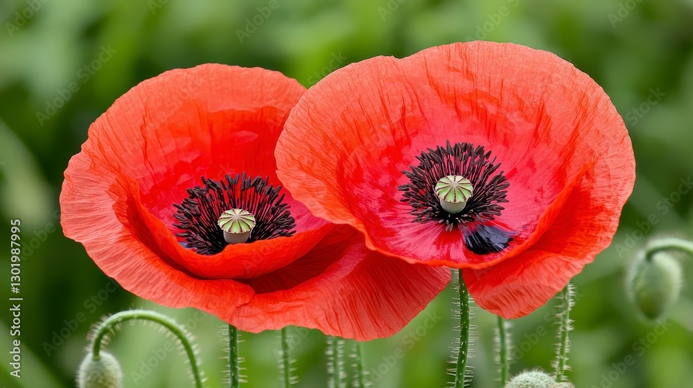 Close up of Two Dewy Red Poppies Against a Green Background Close up of Two Dewy Red Poppies Against a Green Background