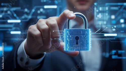 Businessman Holding Digital Padlock, Cybersecurity Concept