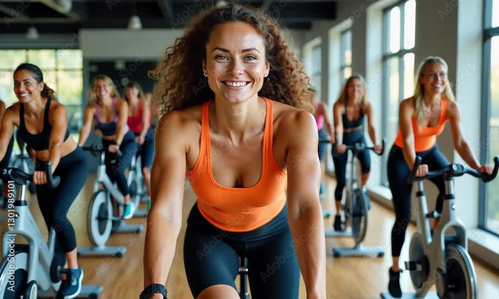 Energetic Woman Leading an Intense Spin Class in a Modern Gym Energetic Woman Leading an Intense Spin Class in a Modern Gym