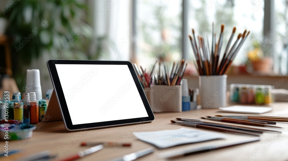 Digital tablet on artist's workspace Digital tablet on artist's workspace