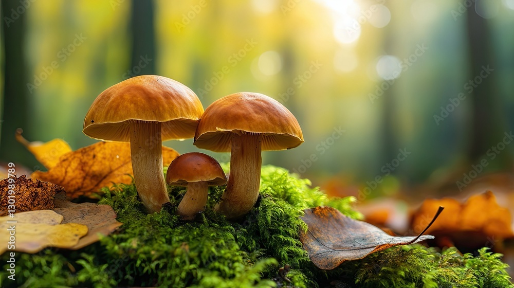 Boletus mushrooms sprouting from lush green moss, surrounded by soft forest light and fallen leaves. Boletus mushrooms sprouting from lush green moss, surrounded by soft forest light and fallen leaves.