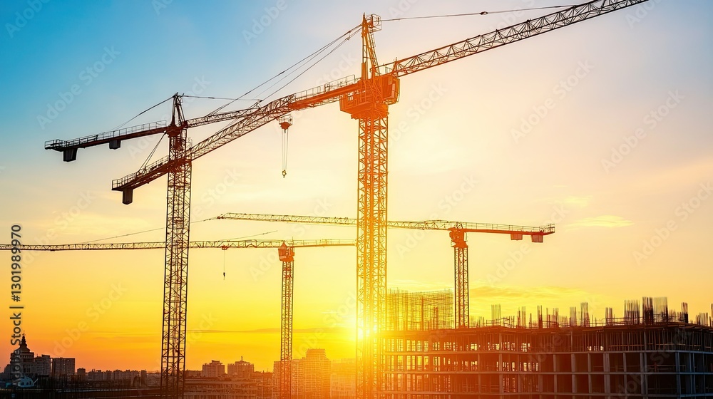 Busy construction site at dawn, with cranes silhouetted against the soft hues of sunrise. Busy construction site at dawn, with cranes silhouetted against the soft hues of sunrise.