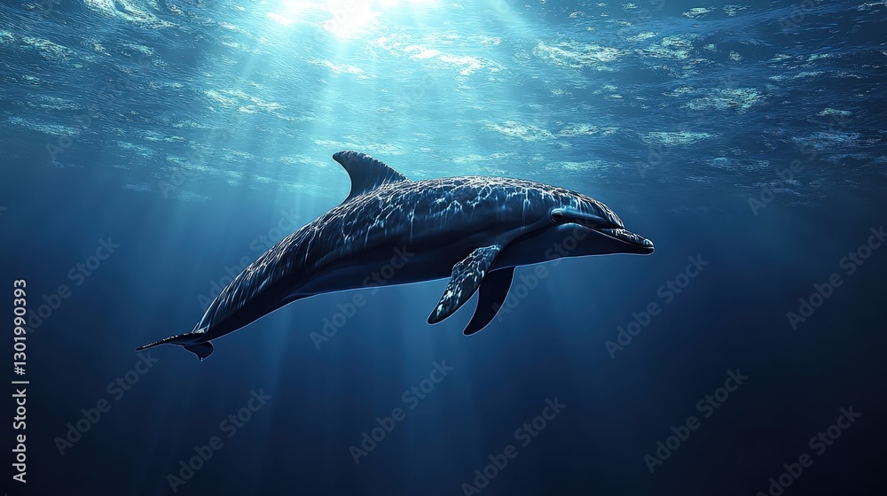 A majestic blue whale glides through crystal-clear azure waters, its sleek form bathed in softer blues, gracefully moving to the right in this captivating oceanic scene A majestic blue whale glides through crystal-clear azure waters, its sleek form bathed in softer blues, gracefully moving to the right in this captivating oceanic scene