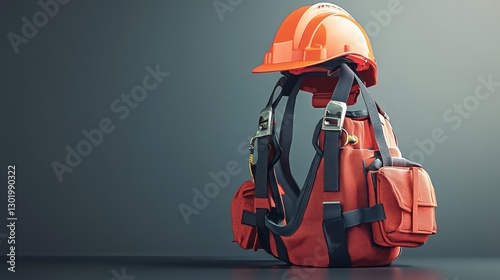 Safety gear including a hard hat and harness displayed on a table showcasing essential equipment for construction workers and safety professionals concept photo