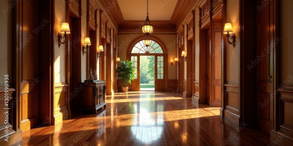 Fototapeta premium Sunlit Mahogany Hallway with Elegant Architectural Details and French Doors Leading to a Serene Garden