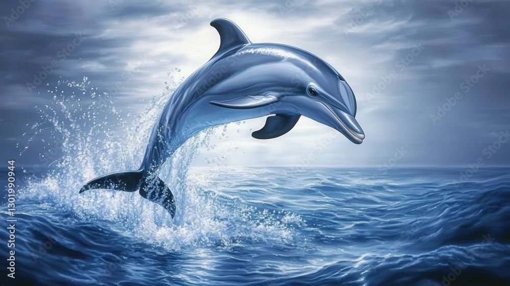 Fototapeta premium A lifelike dolphin leaps from deep azure-blue waves, showcasing its sleek form and elegant curve. Sunlight dances on its vibrant outline against the ocean's serene backdrop